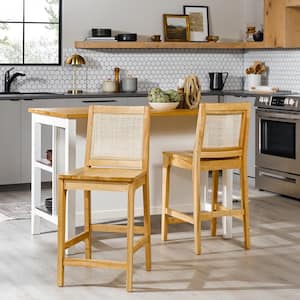 Boho 24 in. Natural High Back Sold Wood Counter Stool with Wood Seat, Set of 2