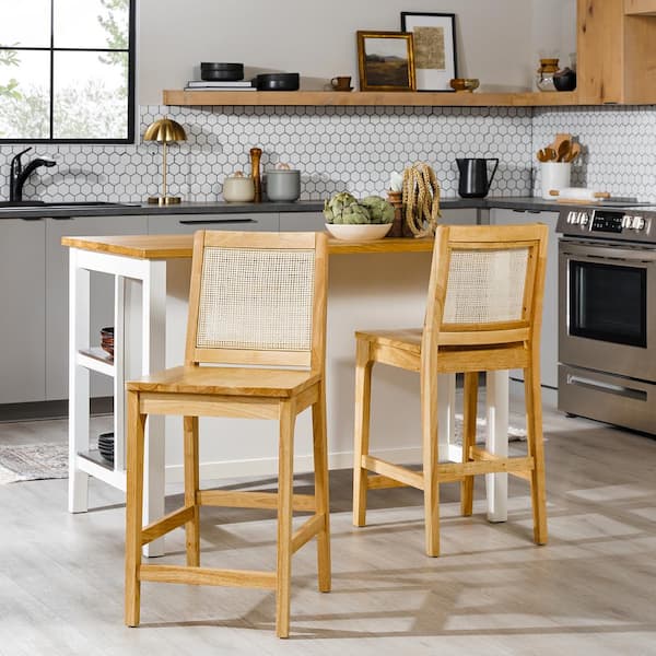 Welwick Designs Boho 24 in. Natural High Back Sold Wood Counter Stool with Wood Seat, Set of 2