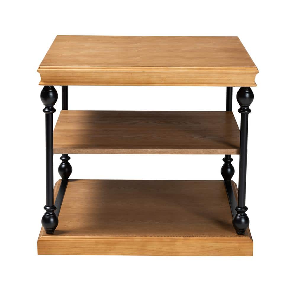 Sebastian Oak Brown Wood and Black Metal 3-Tier End Table