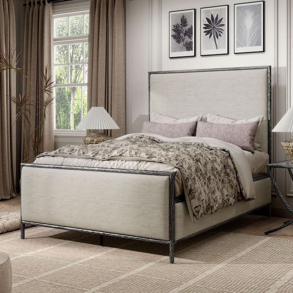 Parto Gray Modern Forged Metal Frame Full Upholstered Fabric Panel Bed