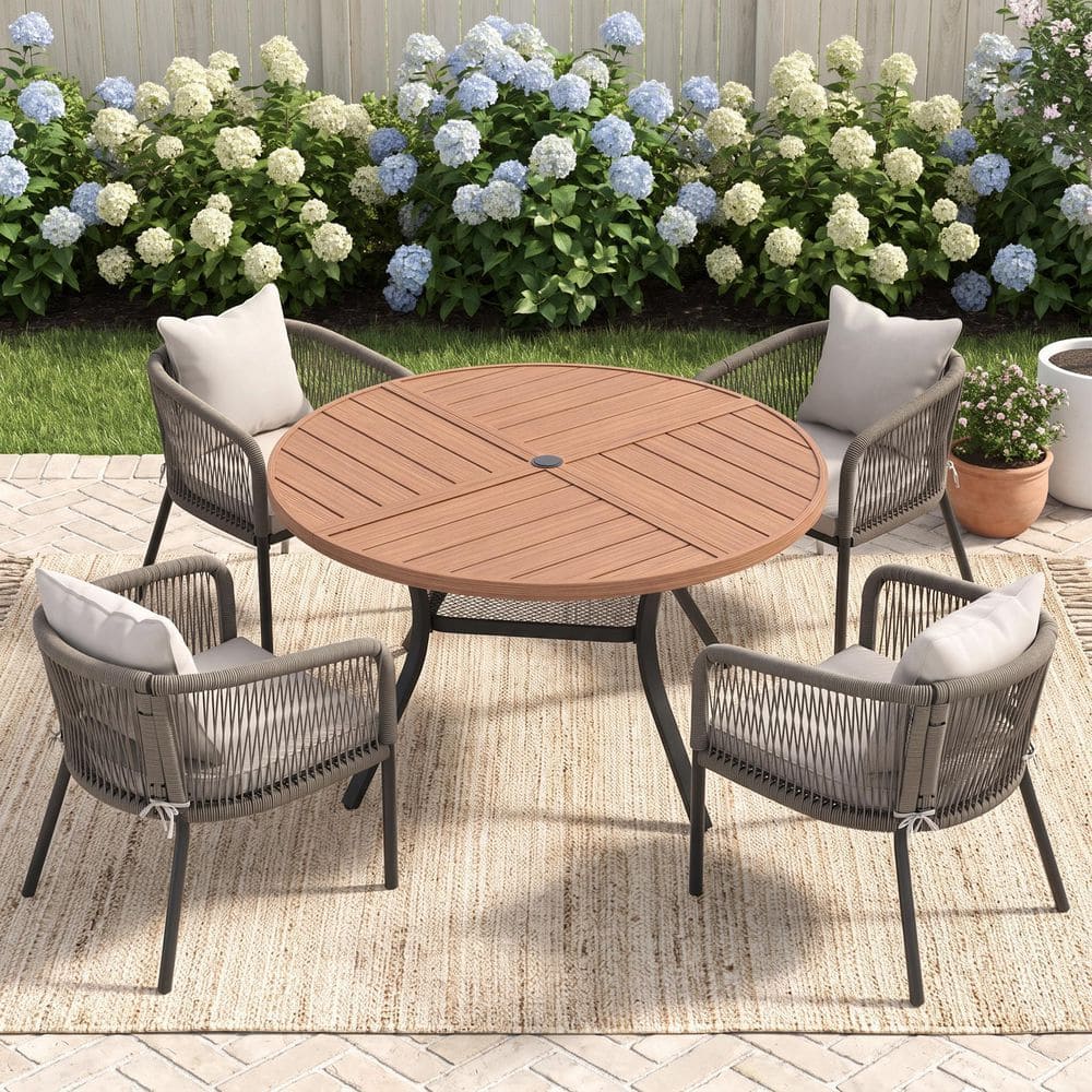 5-Piece 47.2 in. Walnut Metal Round Outdoor Dining Set with Umbrella Hole, 4 Gray Rattan Rope Chairs with White Cushions price history on PriceWatchPro