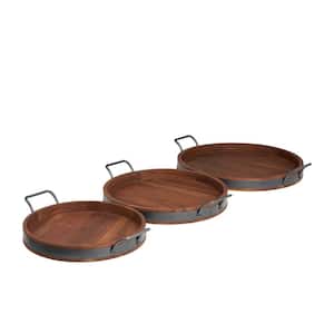 Brown Wood Nesting Decorative Tray with Black Metal Handles (Set of 3)