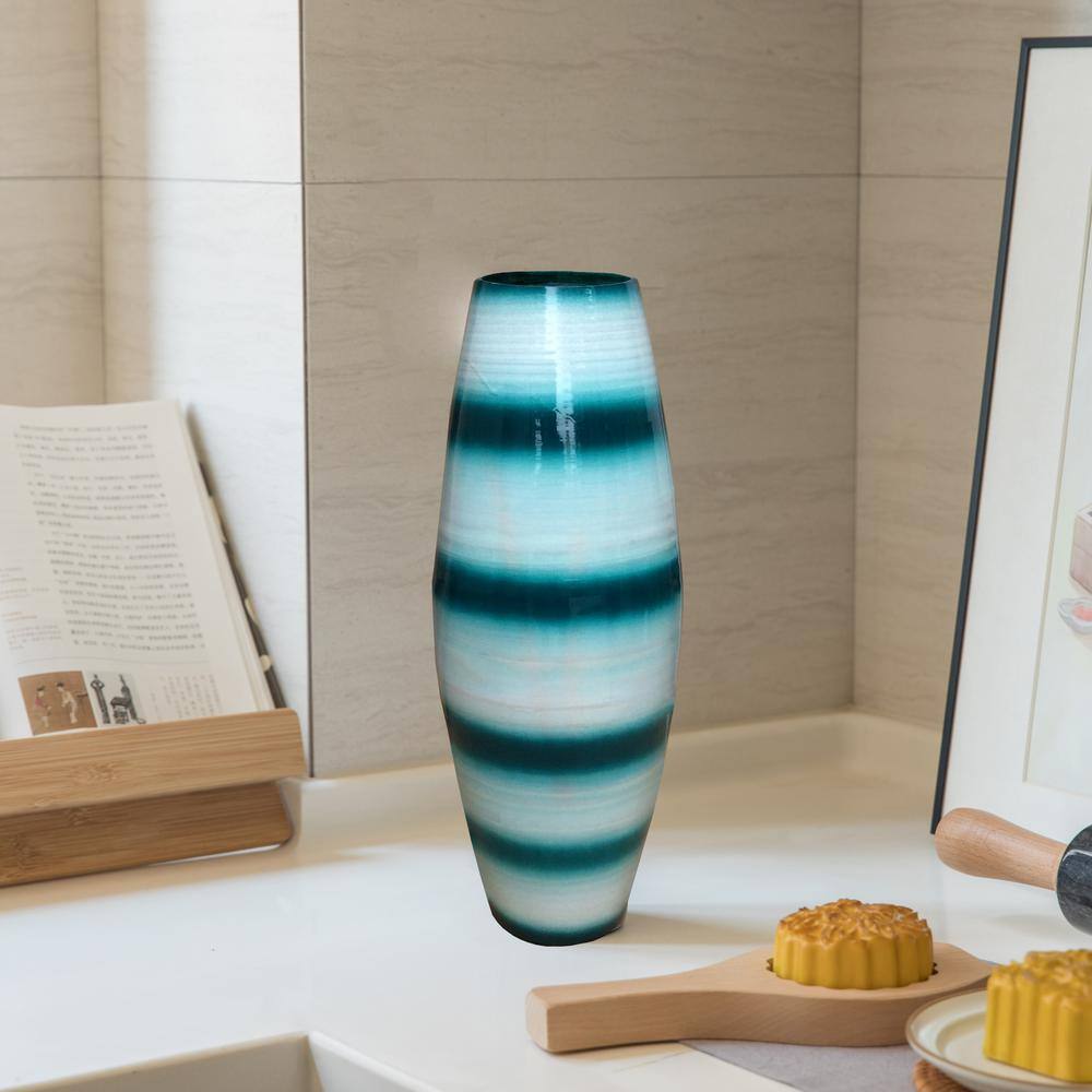 Handcrafted Blue and White Bamboo Cylinder Floor Vase, 16.5 Inch
