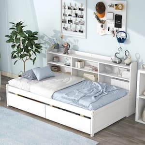 White Twin Size 1-Piece Wood Frame Top Platform Bed with Side Bookcase and 2-Drawers