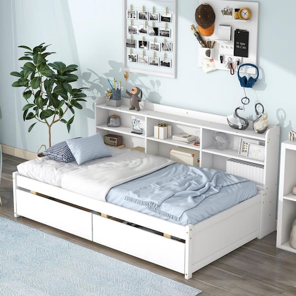 Harper & Bright Designs White Twin Size 1-Piece Wood Frame Top Platform Bed with Side Bookcase and 2-Drawers