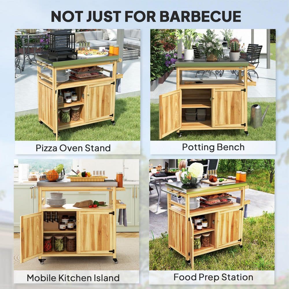 Natural Wood Outdoor Grill Cart with Stainless Steel Top and Storage