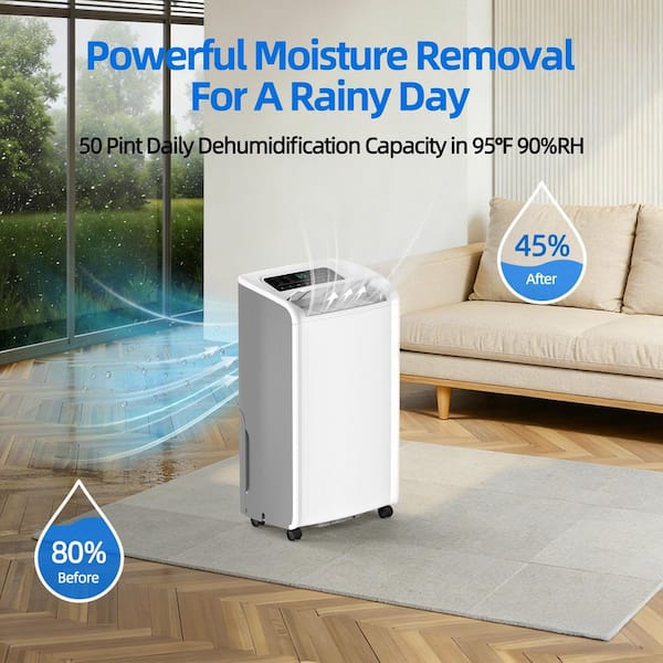 50 pt. 4,500 sq. ft. Dehumidifier for Basement in White with Drain Hose, Bucket, Continuous Run, Timer, 35dB Sleep Mode
