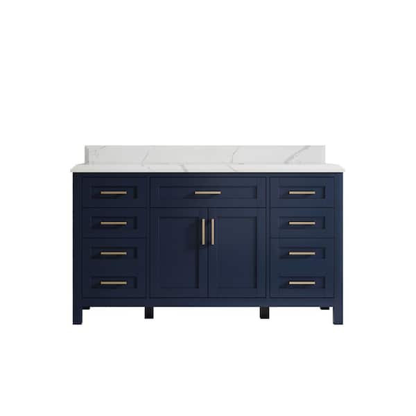 Willow Collections Cambridge 60 in. W x 22 in. D x 36 in. H Single Sink Bath Vanity in Navy Blue with Cove Edge Calacatta Quartz Top
