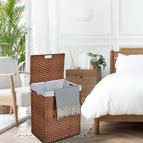 FUNKOL 18.3 in. L x 13.5 in. W x 24 in. H in Brown PE Rattan Powder Coated Laundry Hamper with 2-Laundry Bags, 100 L Capacity