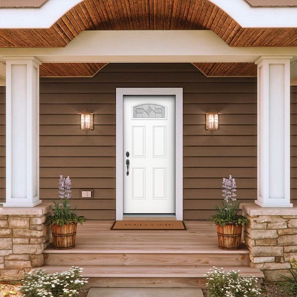 36 in. x 80 in. Right-Hand Camber Top Caldwell Decorative Glass Modern White Steel Prehung Front Door