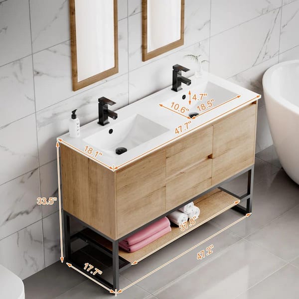 48 in. W x 18.1 in. D x 34 in. H Double Sink Freestanding Bath Vanity Cabinet in Natural with White Resin Top