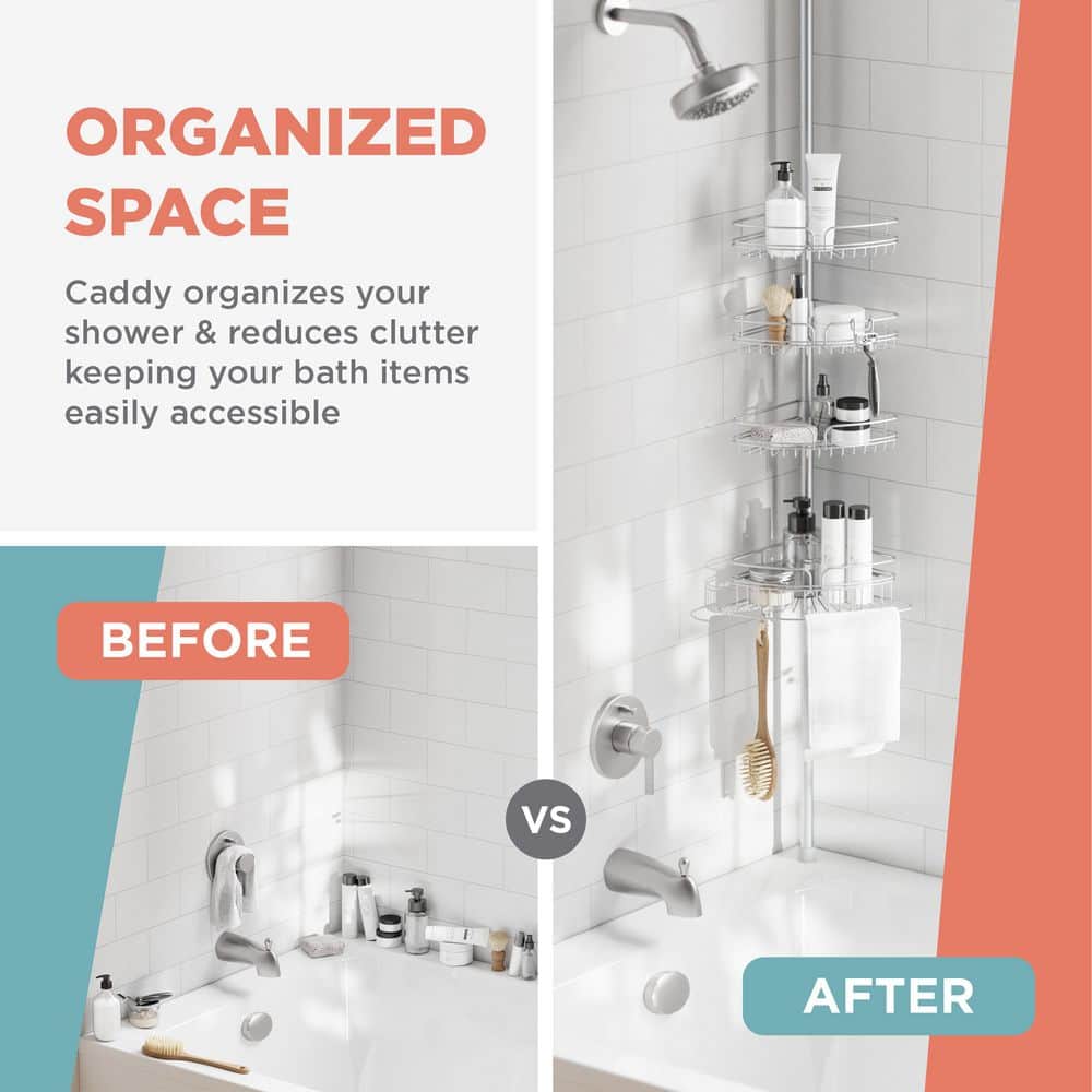 Adjustable Nickel Tension Pole Shower Caddy with Four Shelves