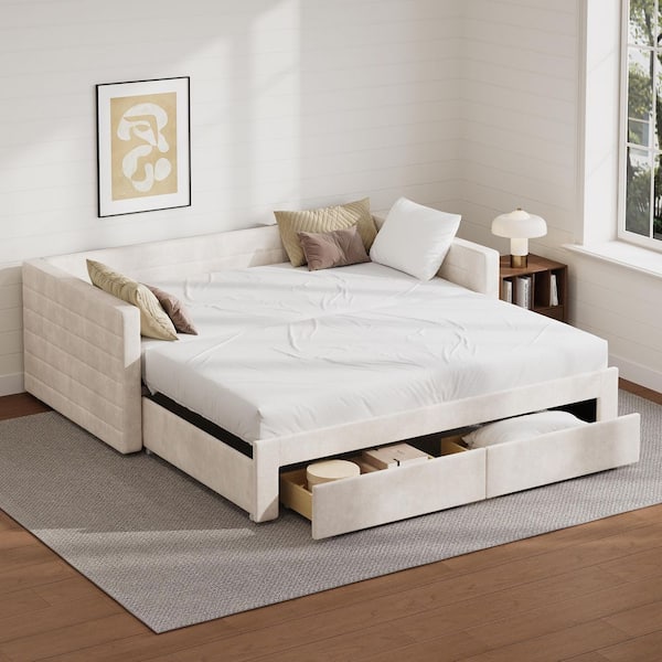 Beige Space-Saving Twin to King Size Upholstered Extendable Daybed Frame with Trundle and 2-Storage Drawers