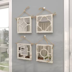 12 in. x 12 in. Carved Designs Square Framed White Wall Mirror with Rope Hanger (Set of 4)