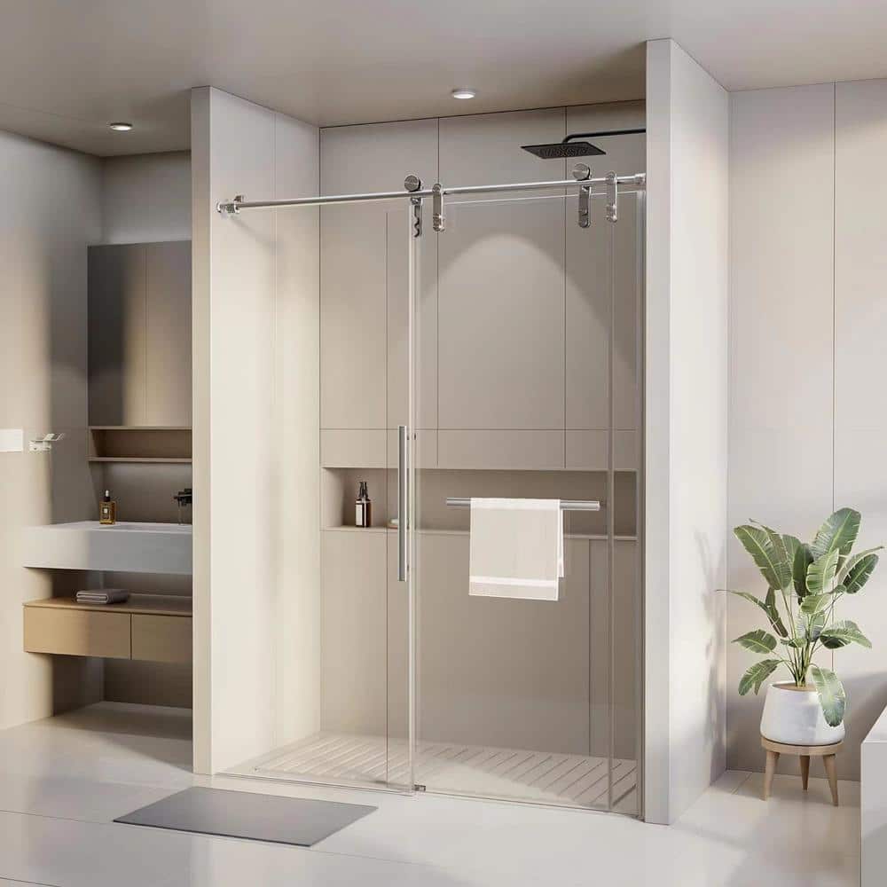 60 in. W x 76 in. H Sliding Frameless Shower Door in Stainless Steel Finish