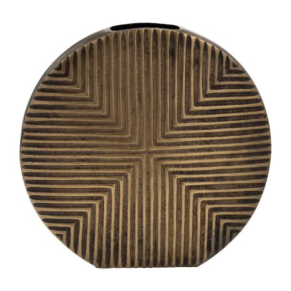 13 in. Antique Bronze Metal Round Ribbed Decorative Vase
