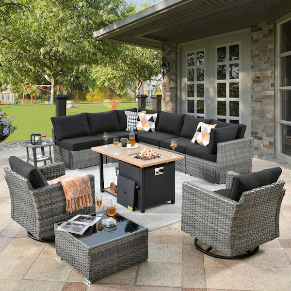 Daffodil O Gray 11-Piece Wicker Patio Storage Fire Pit Conversation Set with Swivel Rocking Chairs and Black Cushions