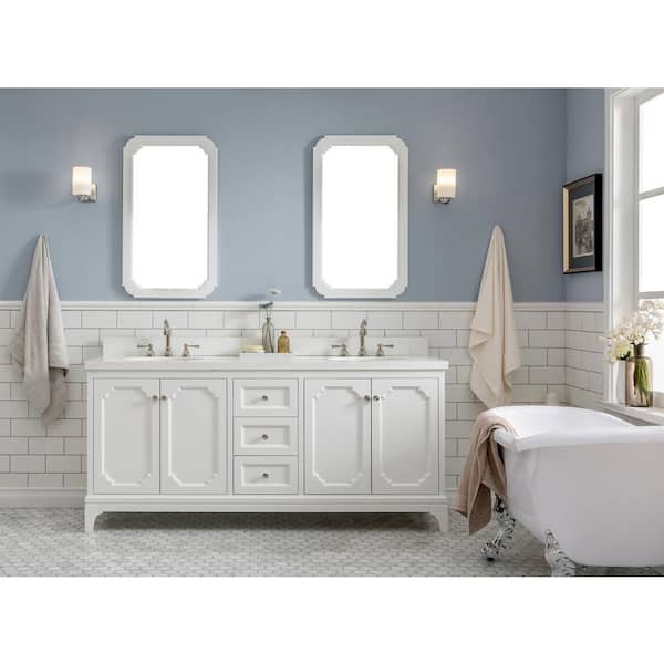 Water Creation Queen 72 in. Pure White With Quartz Carrara Vanity Top With Ceramics White Basins and Mirror and Faucet