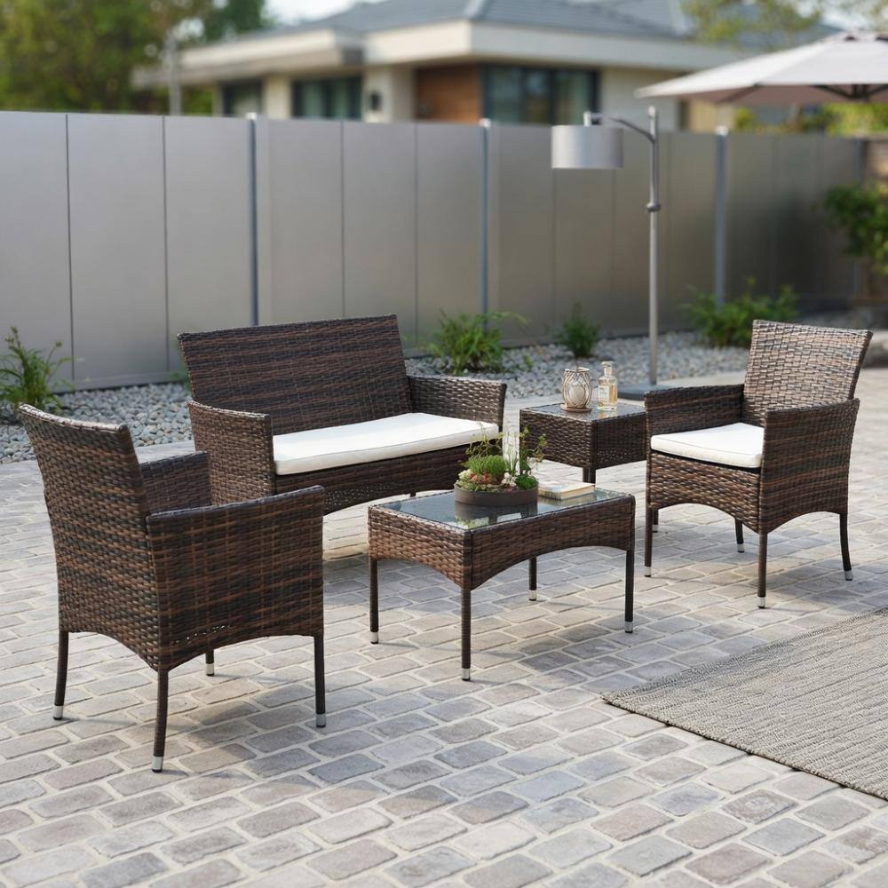 4-Piece Outdoor PE Rattan Wicker Set, Loveseat, Single Sofas, Glass Table & Beige Cushions price history on PriceWatchPro