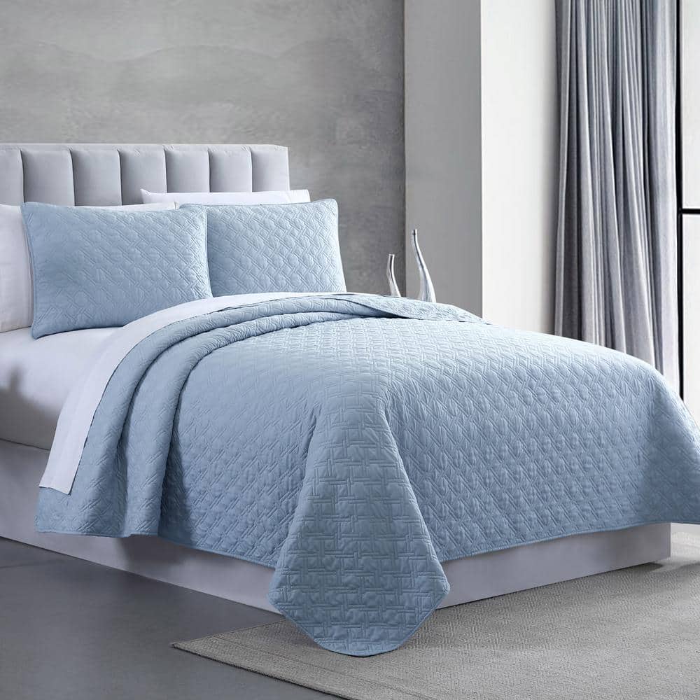3-Piece Blue King Enzyme Washed Diamond Link Microfiber Quilted ...