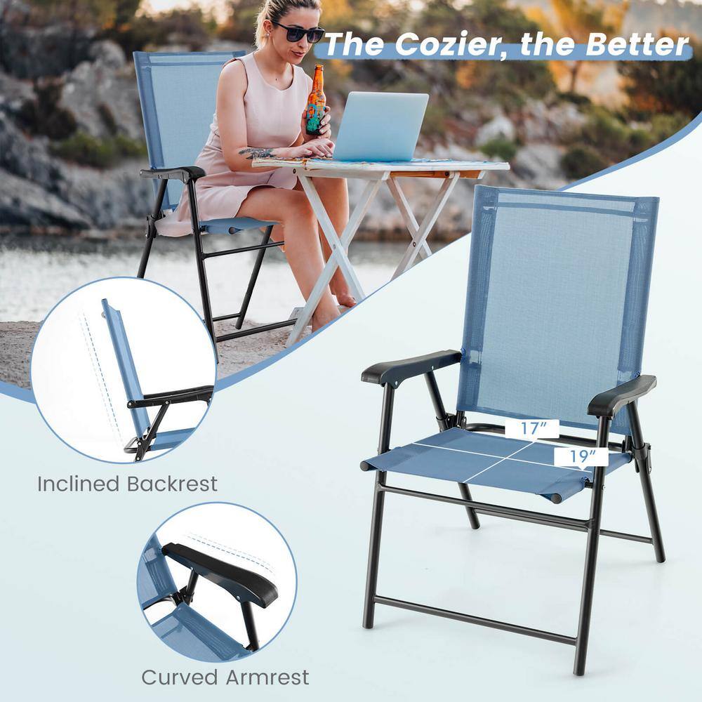 Blue Metal Frame Folding Outdoor Dining Chairs, Set of 2