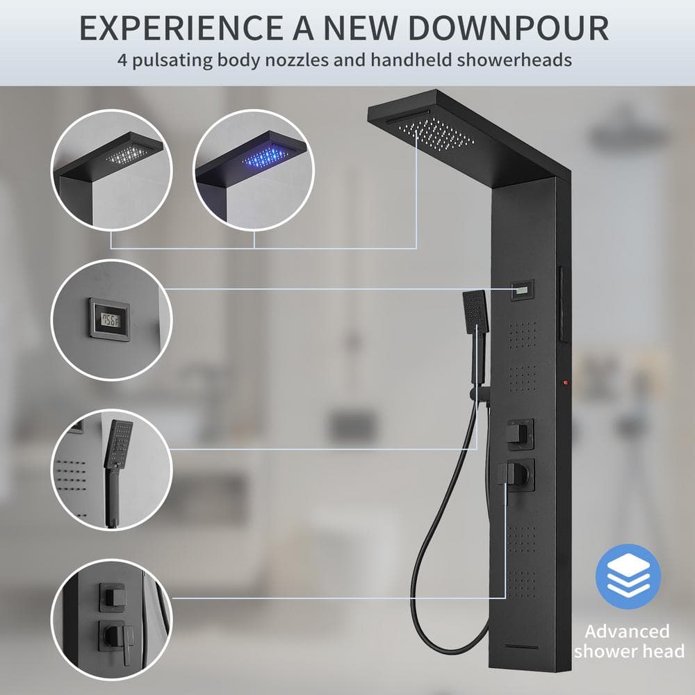Matte Black 4-Jet Rainfall Shower Panel System with LED Light