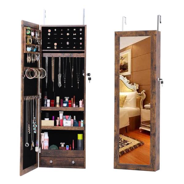 Unbranded Fashion Antique Brown Jewelry Armoire With LED Lights & Mirror Simple Lockable Storage Organizer Door / Wall Mounted