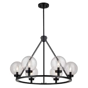 Lander 6-Light Matte Black Transitional Wheel Chandelier with Clear Glass Globes