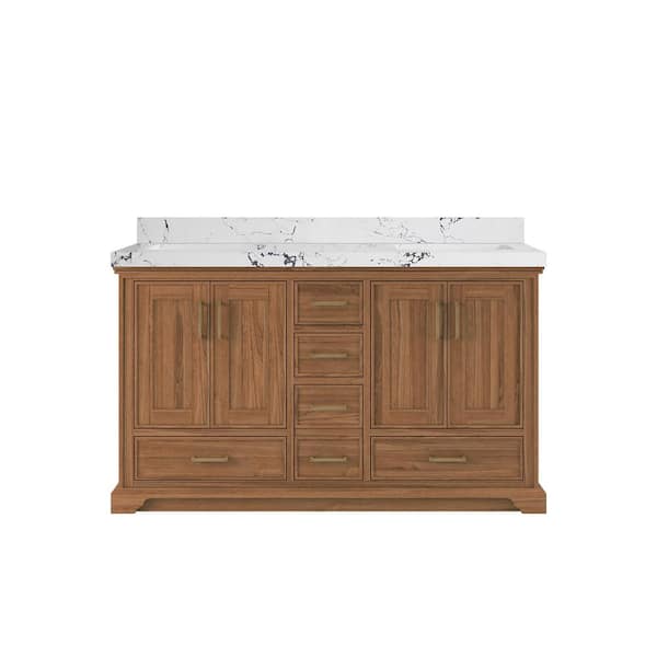 Willow Collections Charlotte Teak 60 in. W x 22 in. D x 36 in. H Double Sink Bath Vanity in Dark Natural with 2 in. Viola Night Top