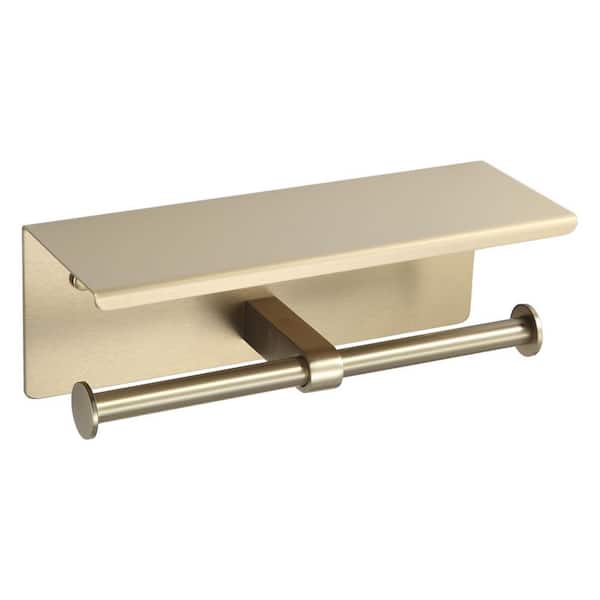 Wall Mounted Stainless Steel Toilet Paper Holder with Shelf in Gold, Double Head Toilet Tissue Roll Holder for Bathroom