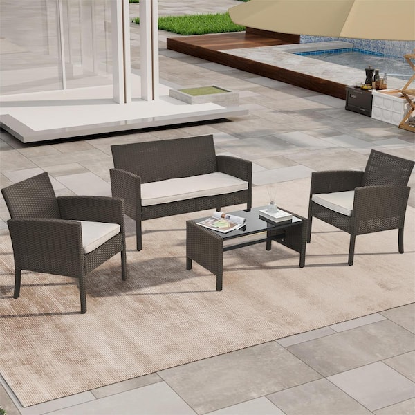 Unbranded 4-Piece Wicker Patio Conversation Set with Beige Cushions, Include Loveseats, Coffee Table Poolside, Terrace, Brown