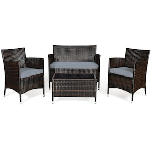 4-Piece Wicker Patio Furniture Set Rattan Sofa Chair Table Set with Gray Cushions