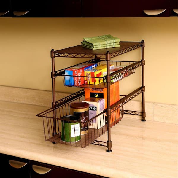 Seville Classics 11.5 in W x 17.5 in D x 18.5 in H Satin Bronze Stackable 3-Tier Sliding Double Basket Cabinet Organizer with Bonus Liner