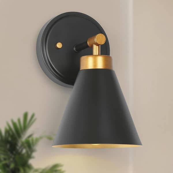 Uolfin Modern Bathroom Cone Wall Sconce Light 1-Light Black and Antique Gold Bedroom Wall Light with Metal Shade