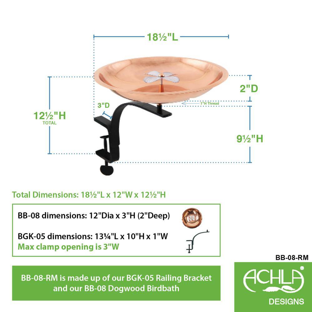 Copper and White Patina Dogwood Birdbath with Rail Mount Bracket