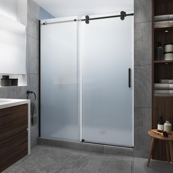 Aston Langham XL 64 in. - 68 in. x 80 in. Frameless Sliding Shower Door with Ultra-Bright Frosted Glass in Matte Black