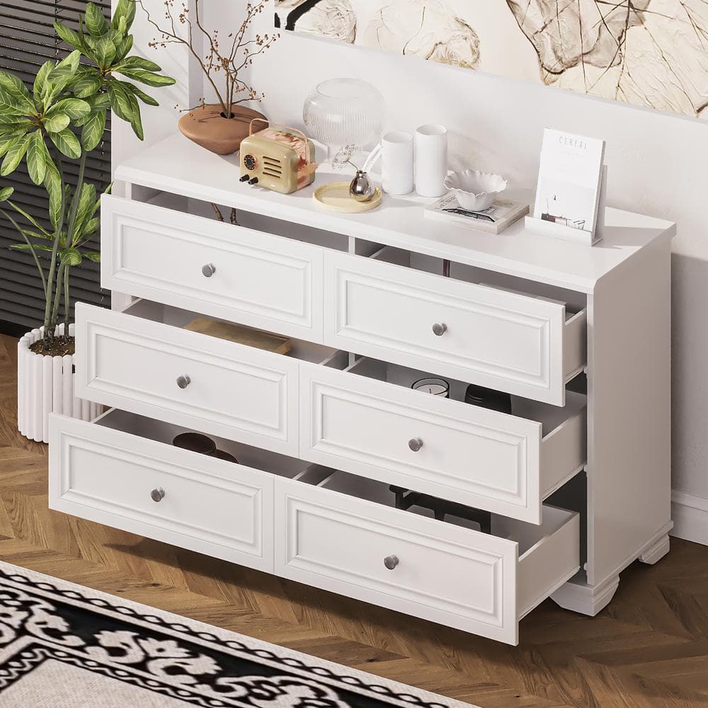 Elegant Design White 6 Drawer 53 in. Wide Dresser, Storage Cabinet with Metal Handles