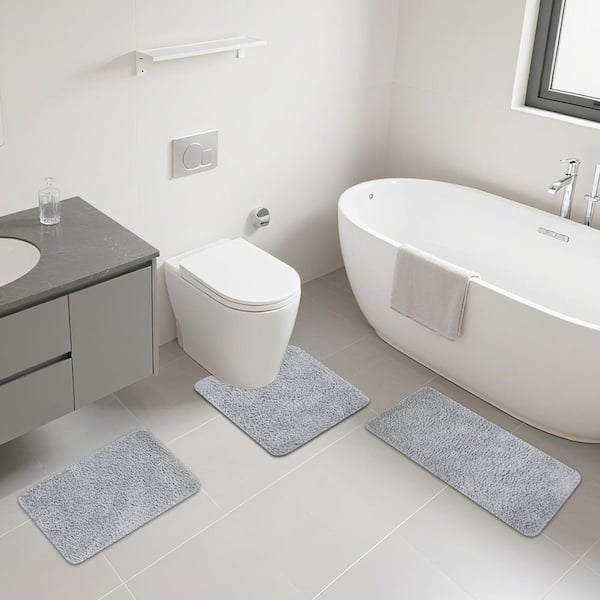 Gray Polyester Bathroom Mats, 3-Pieces Bath Mats Set, Machine Washable and Durable