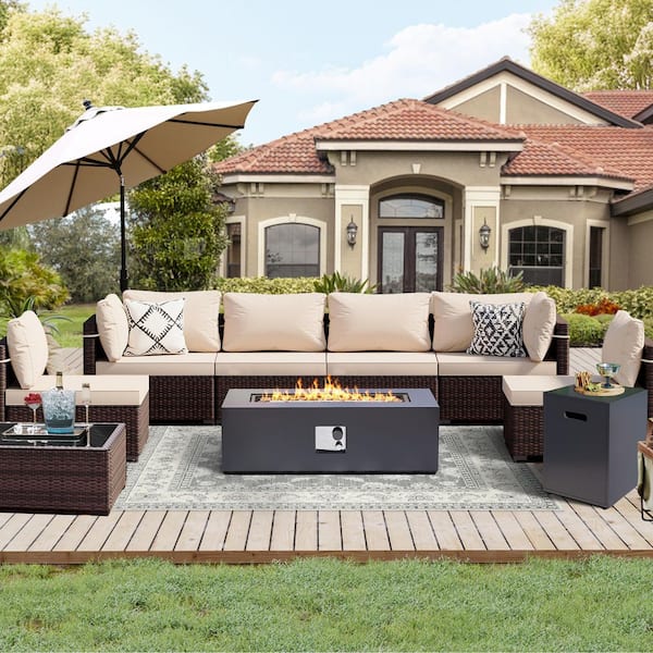 UPHA 9-Piece Outdoor Brown Rattan Seating Set with Beige Cushions,a 42" Dark Grey Rectangle Fire Pit Table and a Tank Cover