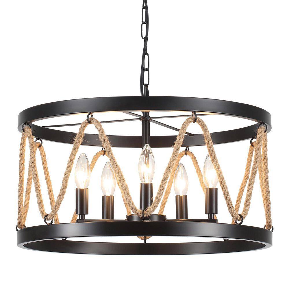 Modern 19.7 in. 5-Light Black Metal and Hemp Rope Drum Chandelier Hanging Ceiling Light for Dining Room, Living Room price history on PriceWatchPro