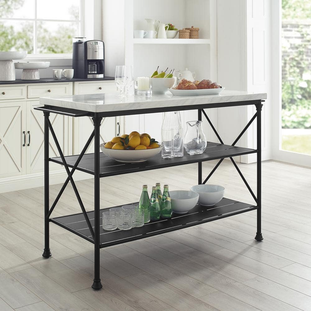 White Faux Marble and Matte Black Steel Kitchen Island Cart