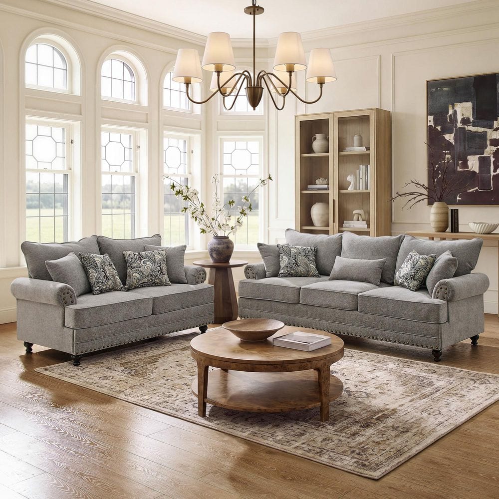 2-Pieces Modern Farmhouse Couch Rolled Arm Chenille Gray Sofa and Loveseat Living Room Set with Nailhead and Pillows
