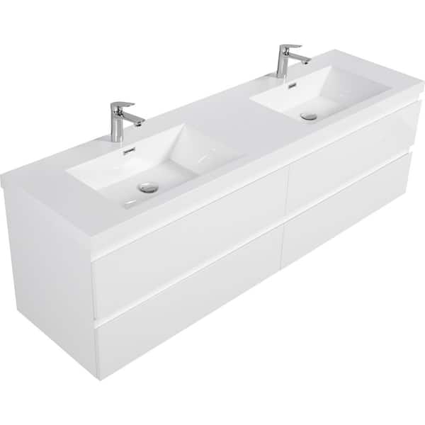 Oasis 70.8 in. Double Sinks Modern Floating Glossy White Bath Vanity with White Resin Top, Cabinet, Drawers, MDF