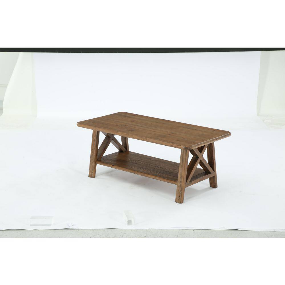 Allan 47.24 in. Natural Brown Farmhouse Coffee Table with Shelf for living Room, Rectangle Solid Wood Coffee Table