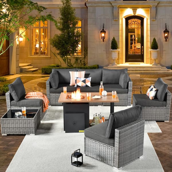 weaxty W Daffodil B Gray 8-Piece Wicker Patio Storage Fire Pit Conversation Sofa Set with Black Cushions