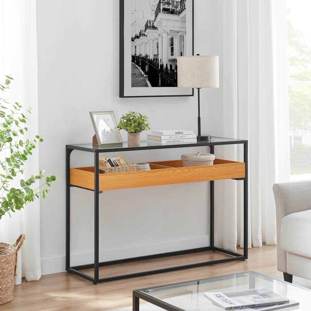 Golden Oak and Black Metal Console Table with Glass Top and Storage Shelf