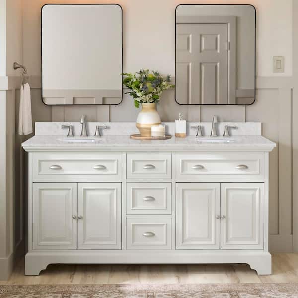 Home Decorators Collection Sadie 67 in. Double Sink Matte Pearl Bath Vanity with Lightly Veined White Marble Top (Assembled)