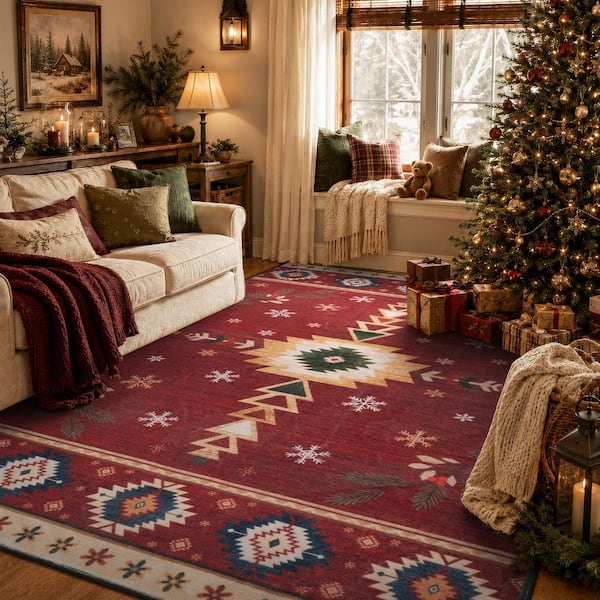 Washable Christmas Vintage Boho Tribal Snowflake Non Slip 8 ft. x 10 ft. Red Living Room Bedroom Indoor Area rug