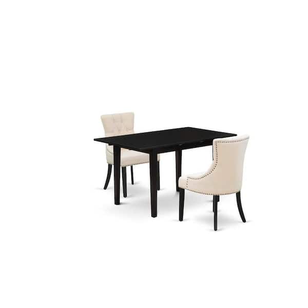 East West Furniture 3-Piece Black Finish Rectangular Solid Wood Top with Butterfly Leaf Dining Table Set