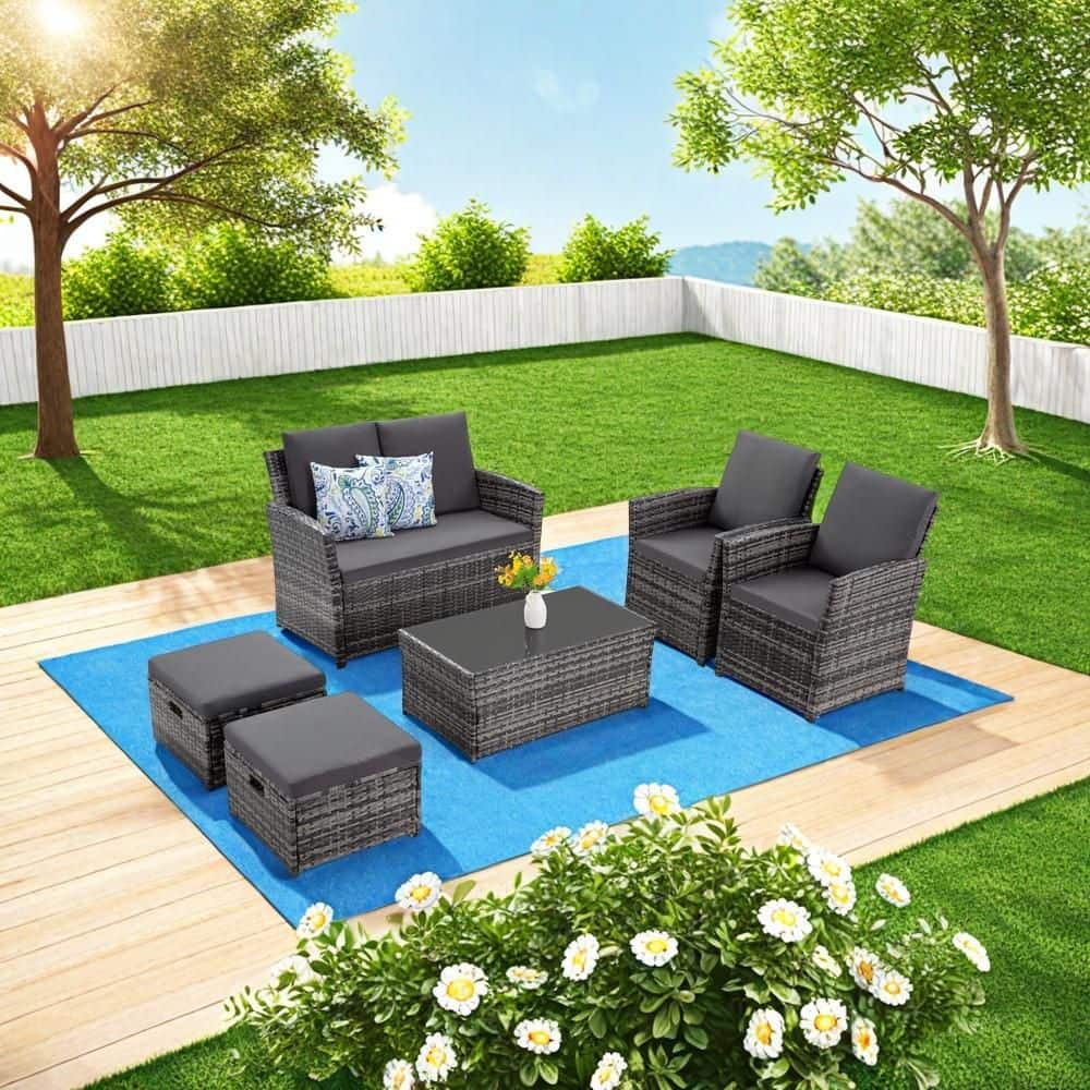6-Piece Gray Wicker Outdoor Sectional Set with Gray Cushions Coffee Table a